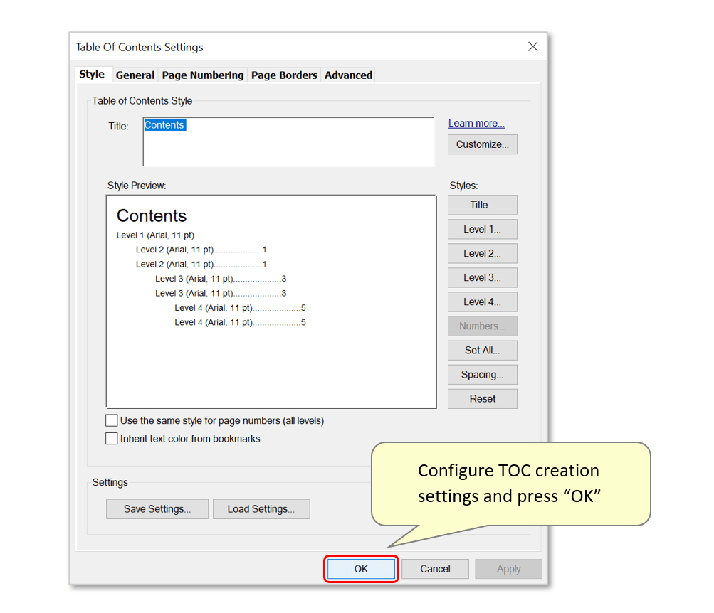 configure TOC
