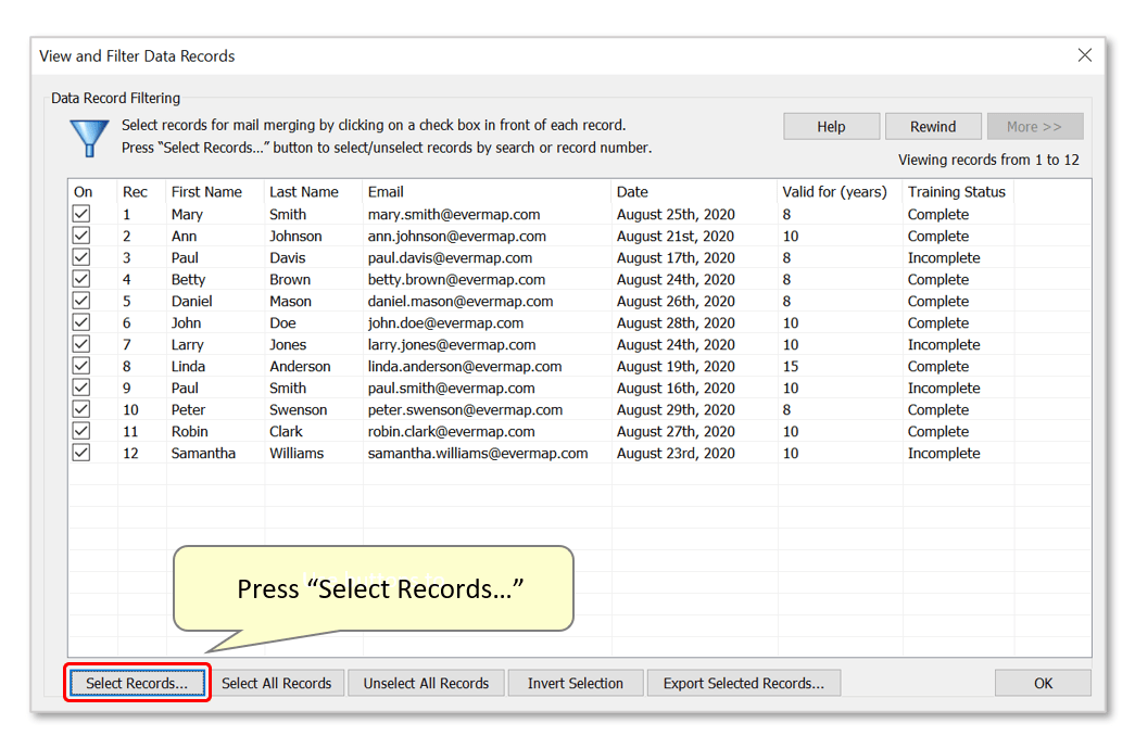 Use Select Records dialog
